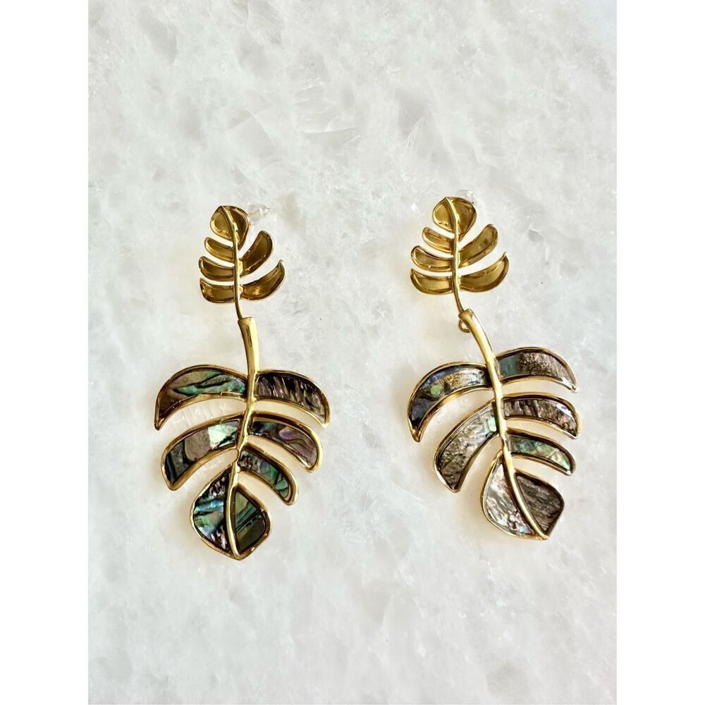 Tropical leaf dangle earrings with abalone seashell detail